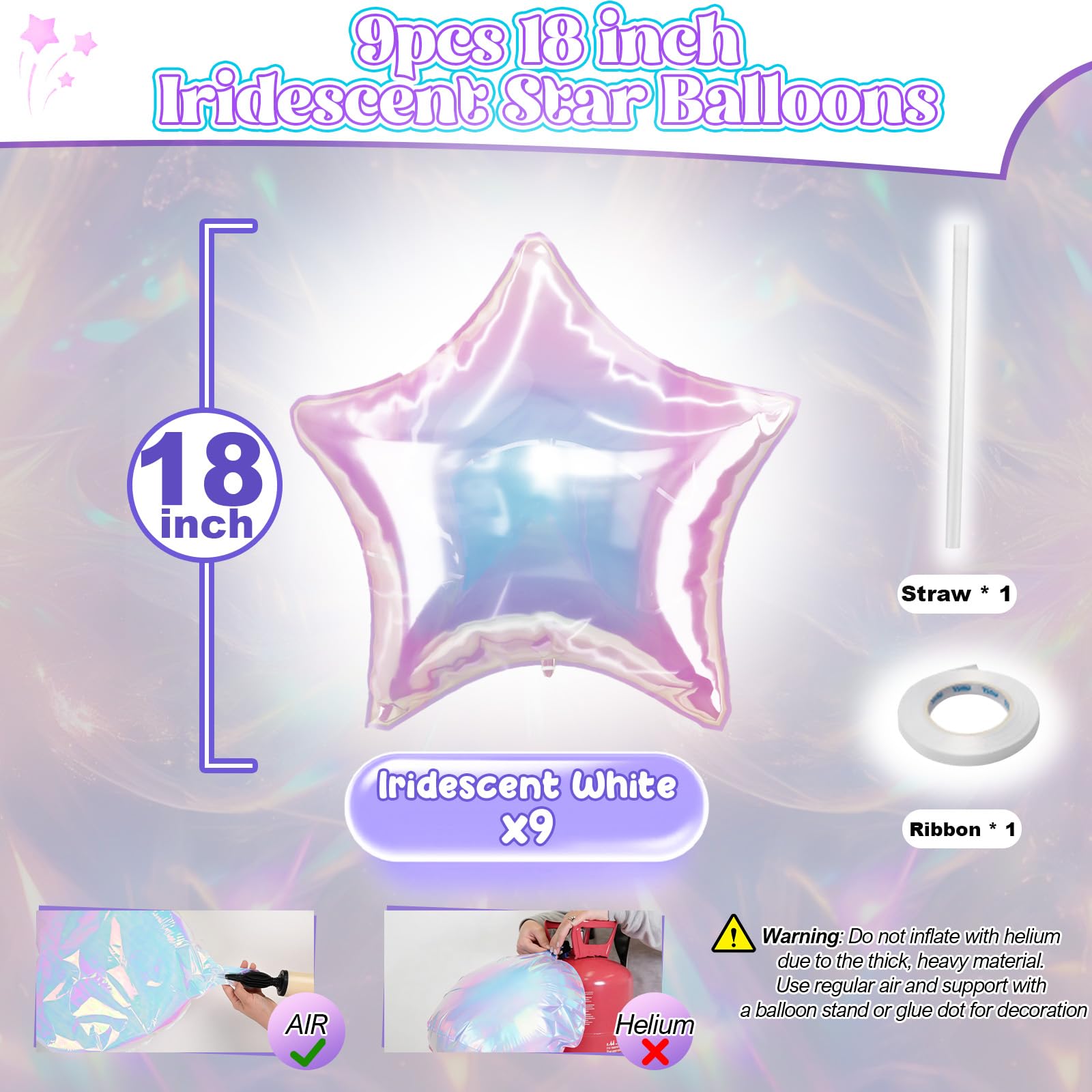 TAOYE Iridescent Star Balloons (9 Pack) - 18-Inch Gradient Pink White Foil Balloons for Birthday Rainbow Mermaid Party Decor