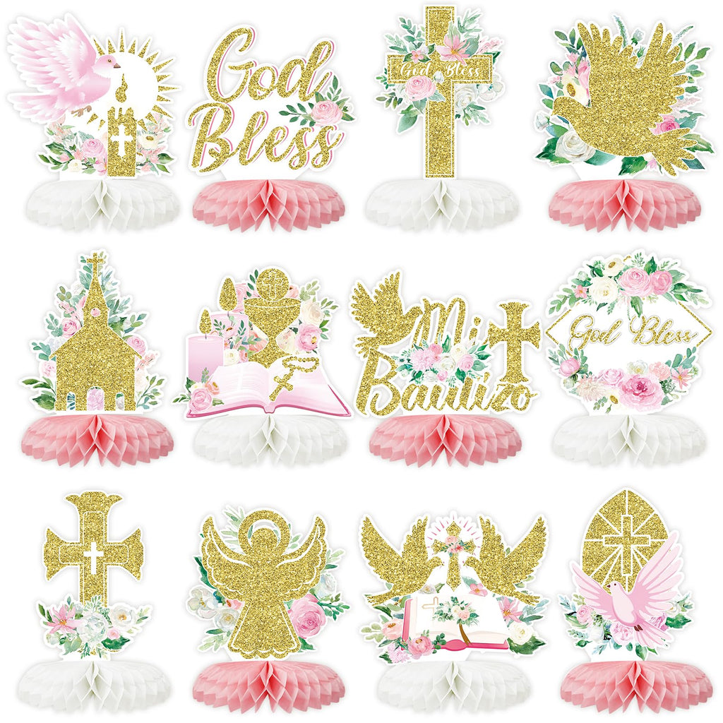 Tarklanda 12-Piece Pink Gold Baptism Honeycomb Cross Centerpieces for First Communion, Baby Shower, and Religious Party Decor