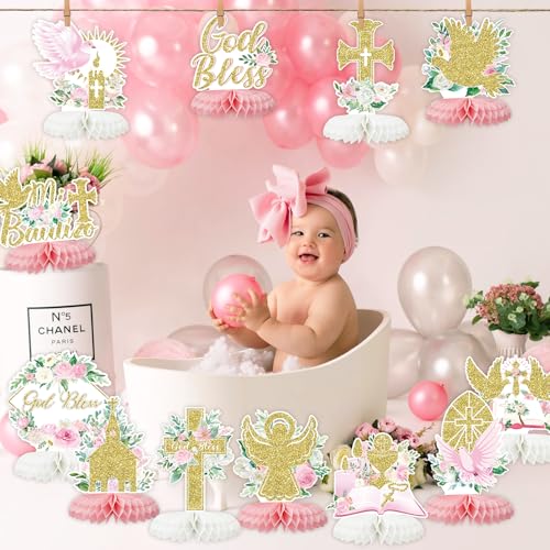 Tarklanda 12-Piece Pink Gold Baptism Honeycomb Cross Centerpieces for First Communion, Baby Shower, and Religious Party Decor
