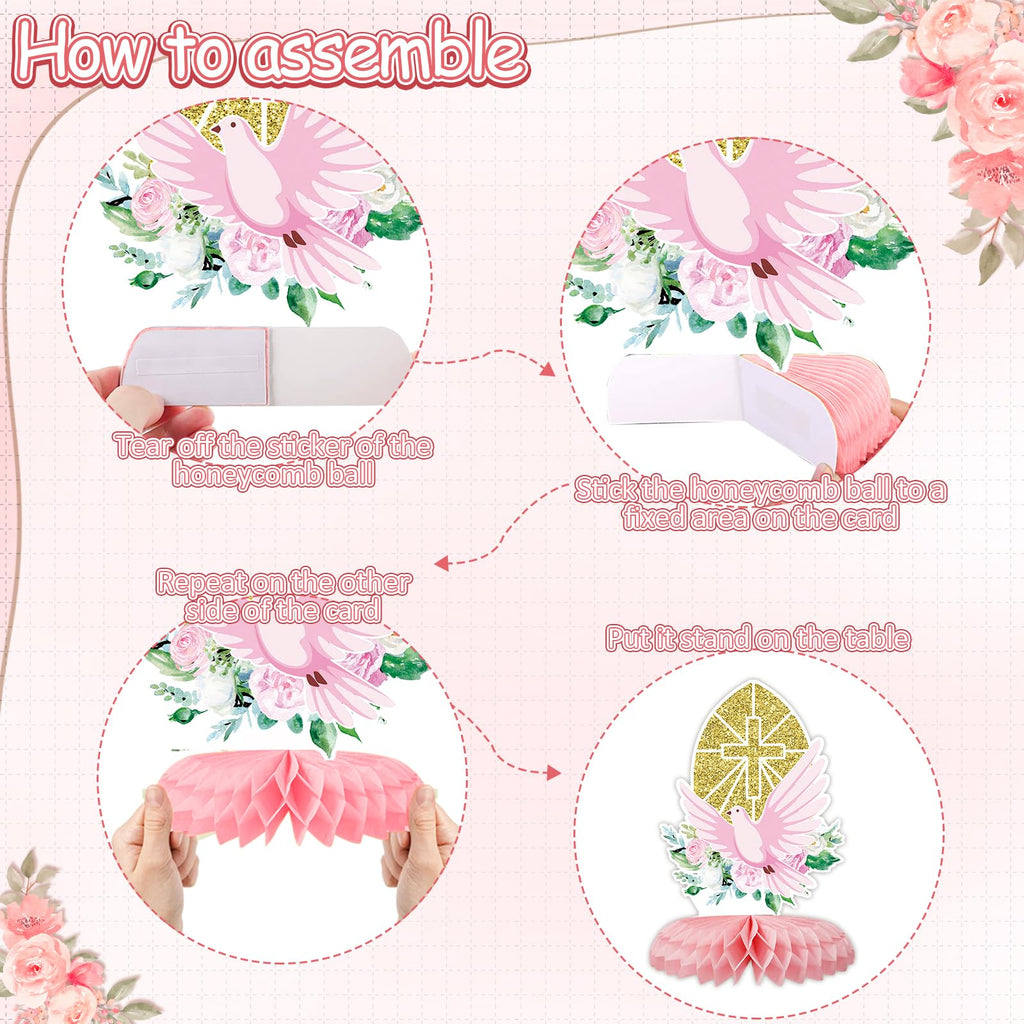 Tarklanda 12-Piece Pink Gold Baptism Honeycomb Cross Centerpieces for First Communion, Baby Shower, and Religious Party Decor
