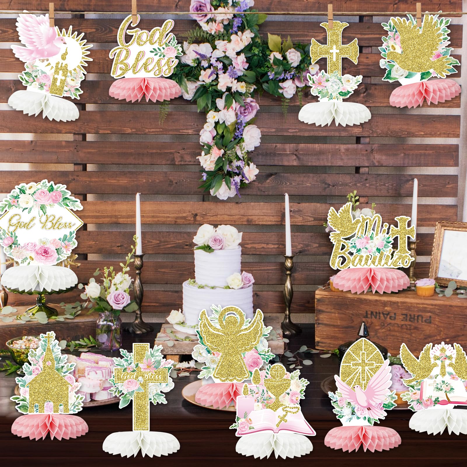 Tarklanda 12-Piece Pink Gold Baptism Honeycomb Cross Centerpieces for First Communion, Baby Shower, and Religious Party Decor