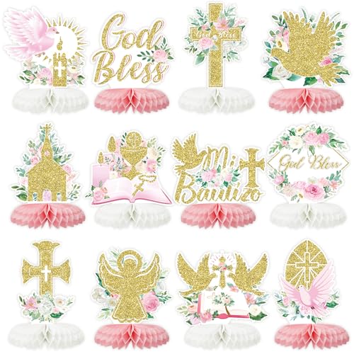 Tarklanda 12-Piece Pink Gold Baptism Honeycomb Cross Centerpieces for First Communion, Baby Shower, and Religious Party Decor