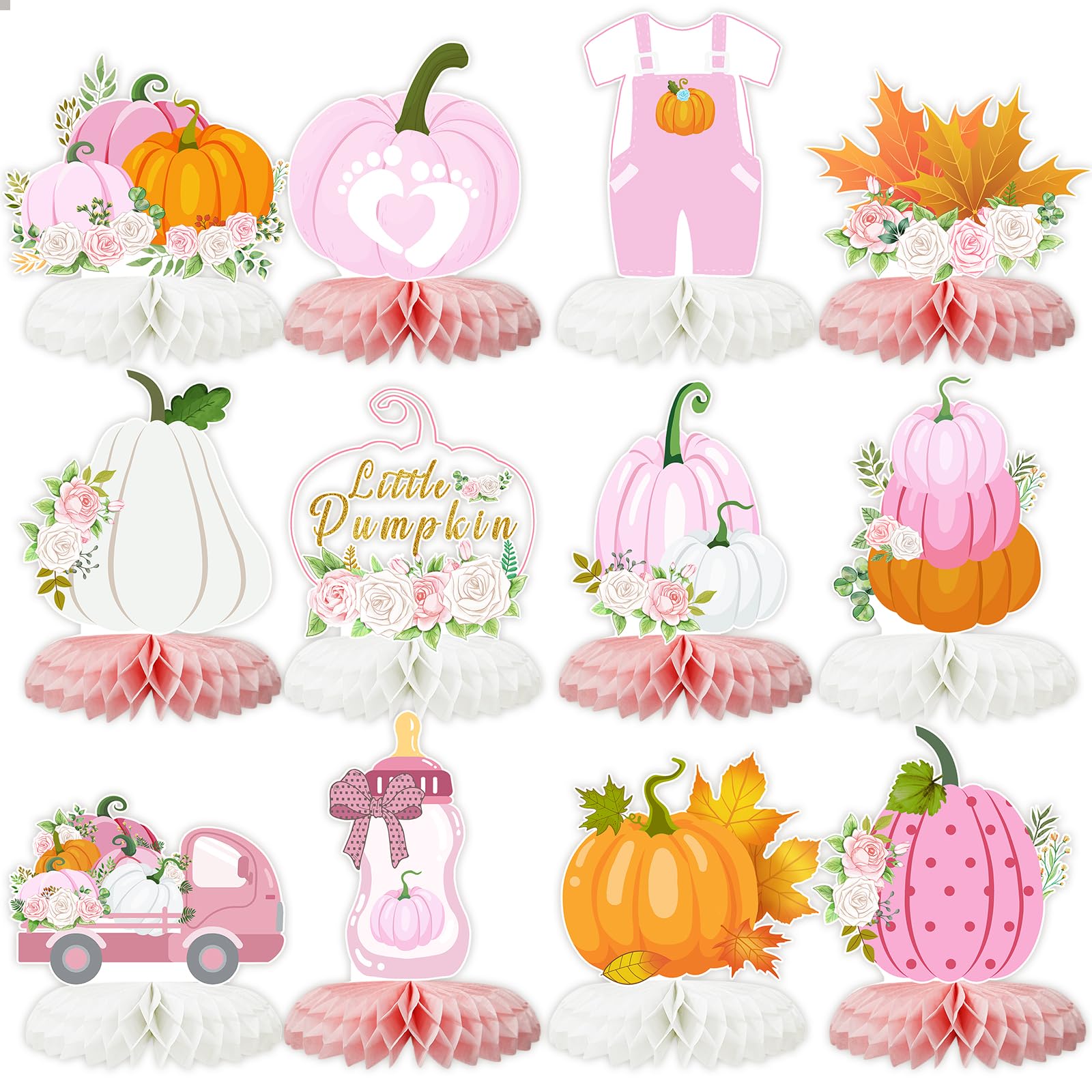 Tarklanda 12-Piece Pink Pumpkin Honeycomb Centerpieces - Baby Shower Fall Table Decorations