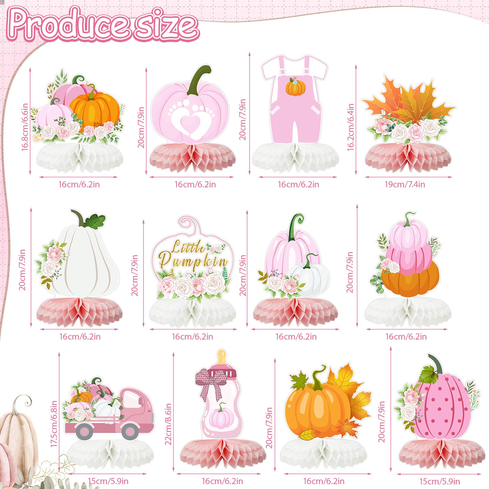 Tarklanda 12-Piece Pink Pumpkin Honeycomb Centerpieces - Baby Shower Fall Table Decorations