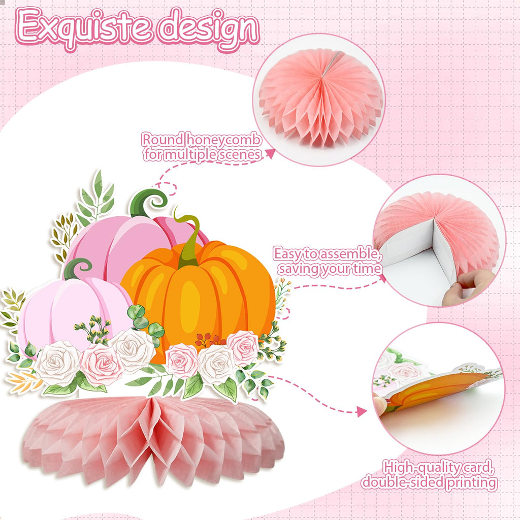 Tarklanda 12-Piece Pink Pumpkin Honeycomb Centerpieces - Baby Shower Fall Table Decorations