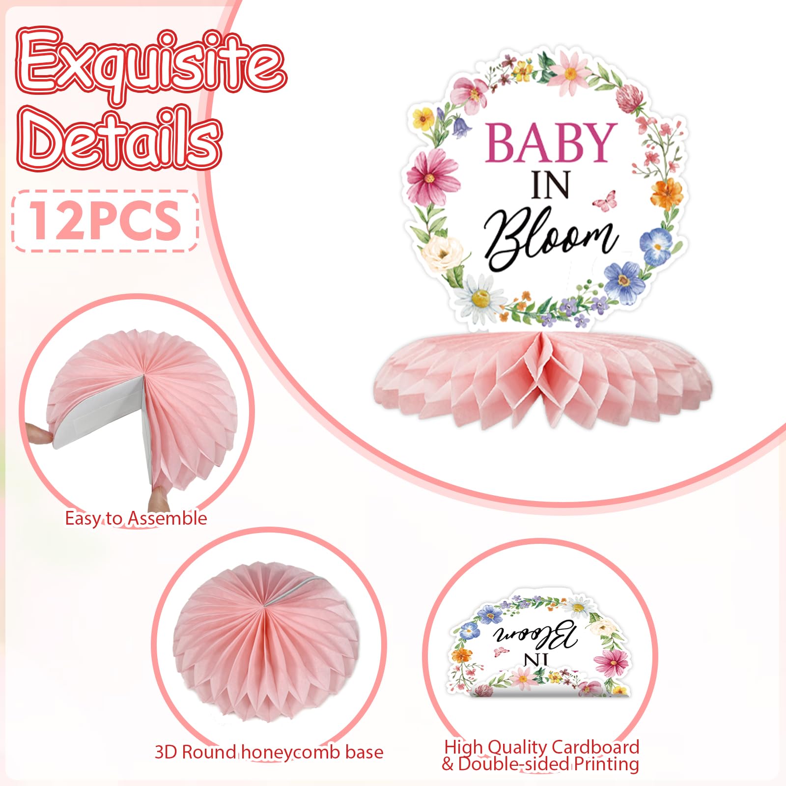 Tarklanda Baby in Bloom Baby Shower Honeycomb Centerpieces 12 Pieces - Spring Floral Table Decor for Parties, Gender Reveal, Birthday