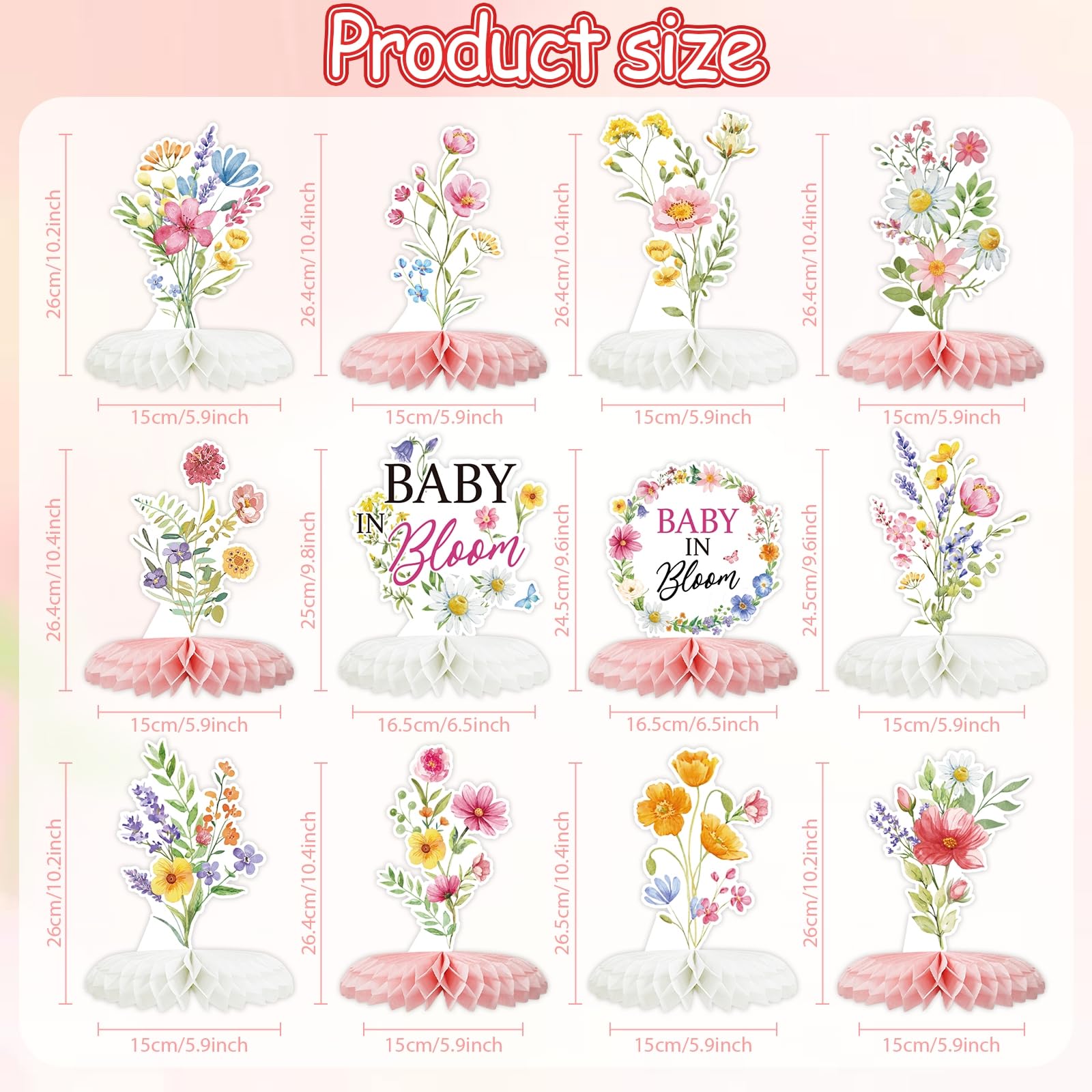 Tarklanda Baby in Bloom Baby Shower Honeycomb Centerpieces 12 Pieces - Spring Floral Table Decor for Parties, Gender Reveal, Birthday