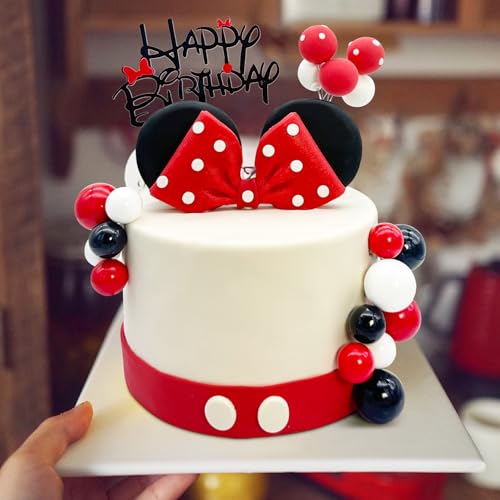 Tarocynn 20-Piece Mouse Birthday Cake Topper Set with Bows, Ears, and Decor Balls – Red Polymer Clay & Foam Decoration
