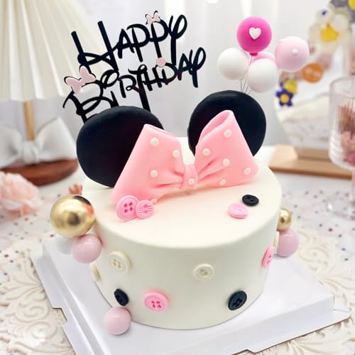 Tarocynn 20-Piece Mouse Cake Topper Set with Bows, Ears, and Foam Balls for Birthday or Baby Shower
