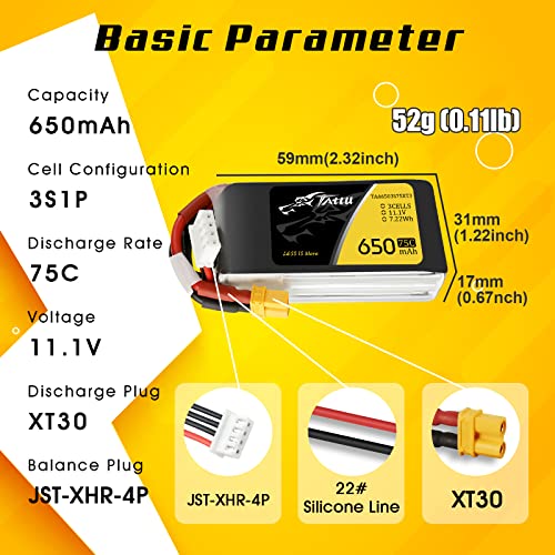 Tattu 11.1V 650mAh 75C 3S LiPo Battery Pack with XT30 for 90-180 Size Quadcopters