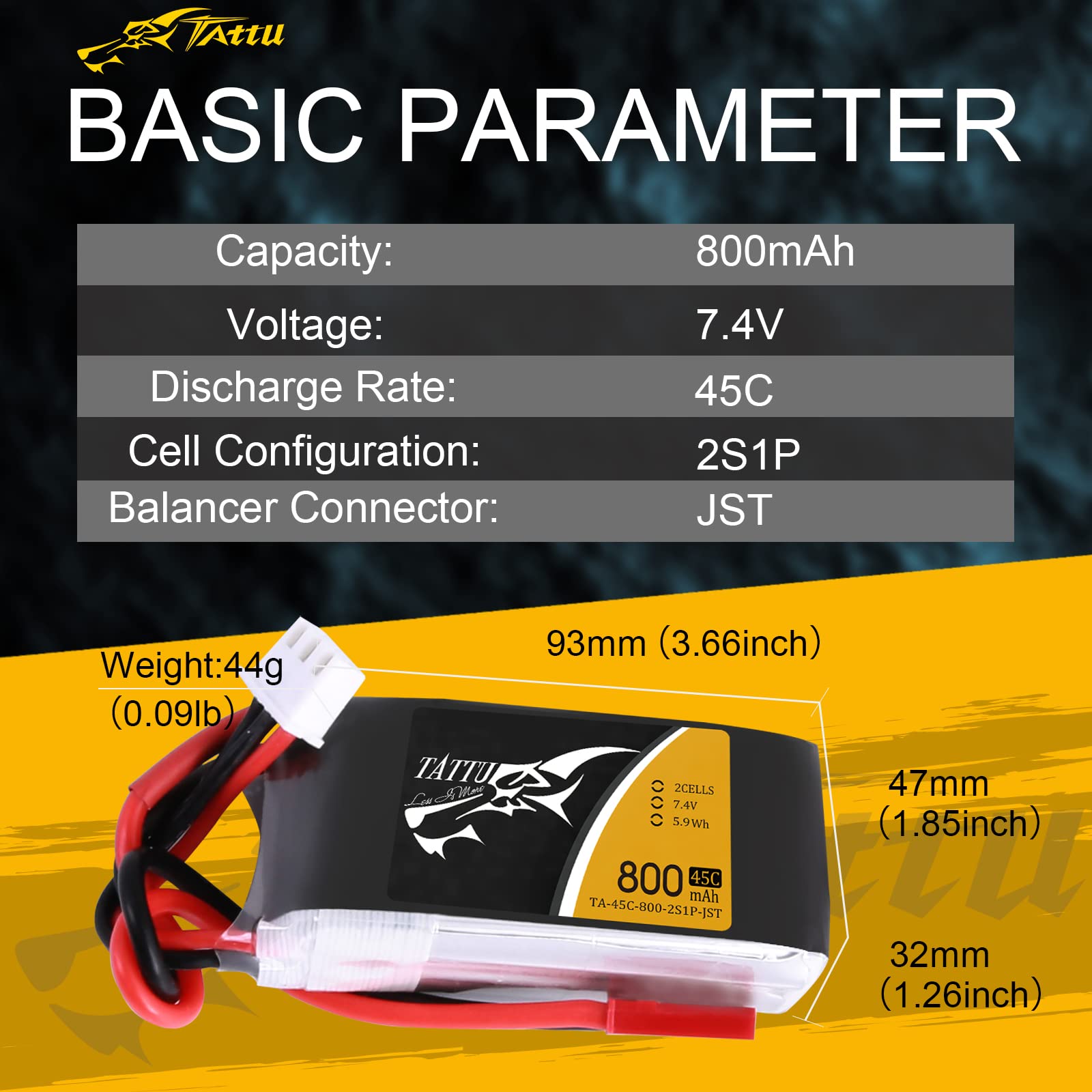 Tattu 800mAh 7.4V 45C 2S LiPo Battery with JST-SYP for FPV Drones