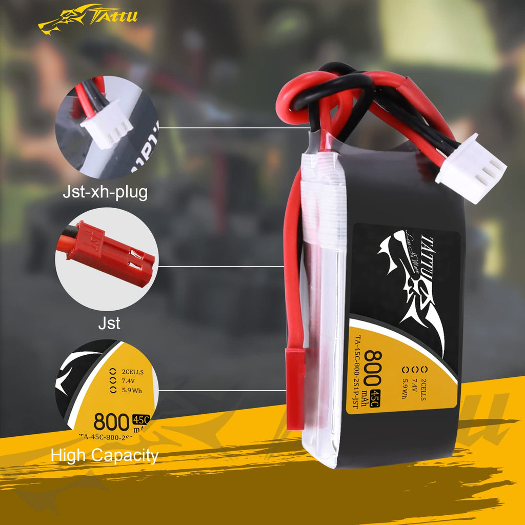 Tattu 800mAh 7.4V 45C 2S LiPo Battery with JST-SYP for FPV Drones