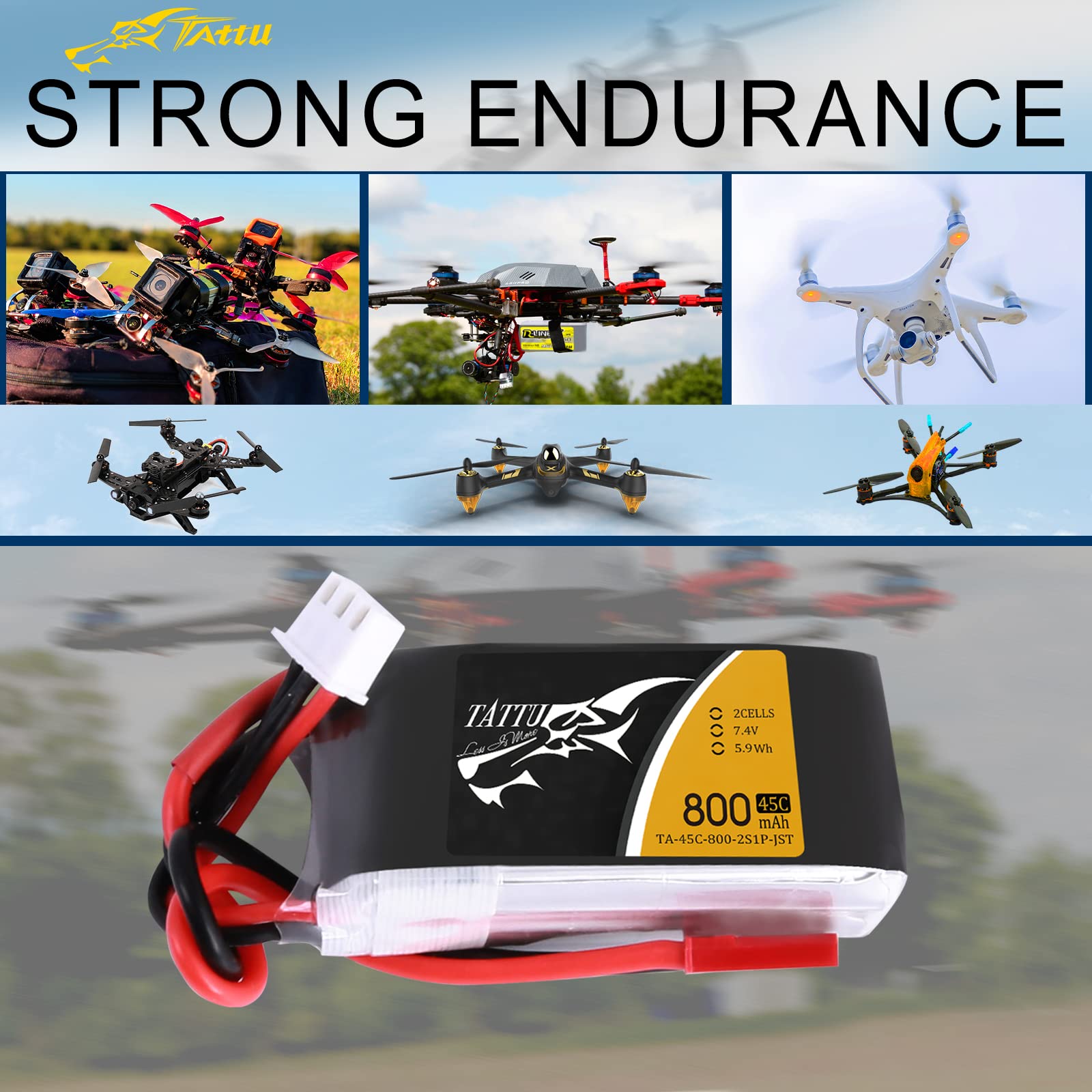 Tattu 800mAh 7.4V 45C 2S LiPo Battery with JST-SYP for FPV Drones