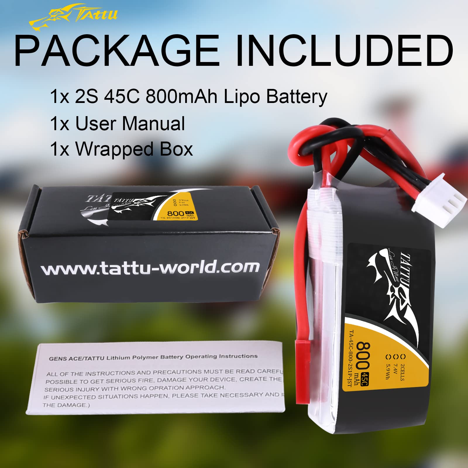 Tattu 800mAh 7.4V 45C 2S LiPo Battery with JST-SYP for FPV Drones