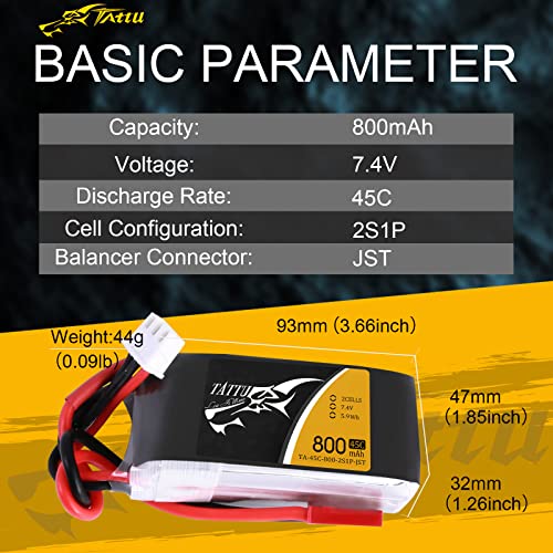 Tattu 800mAh 7.4V 45C 2S LiPo Battery with JST-SYP for FPV Drones