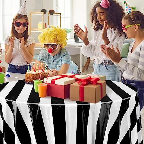 Tatuo 3-Pack Black & White Striped Circus Tablecloth (84-inch Round) – Disposable Plastic for Carnival Birthday Party Decor