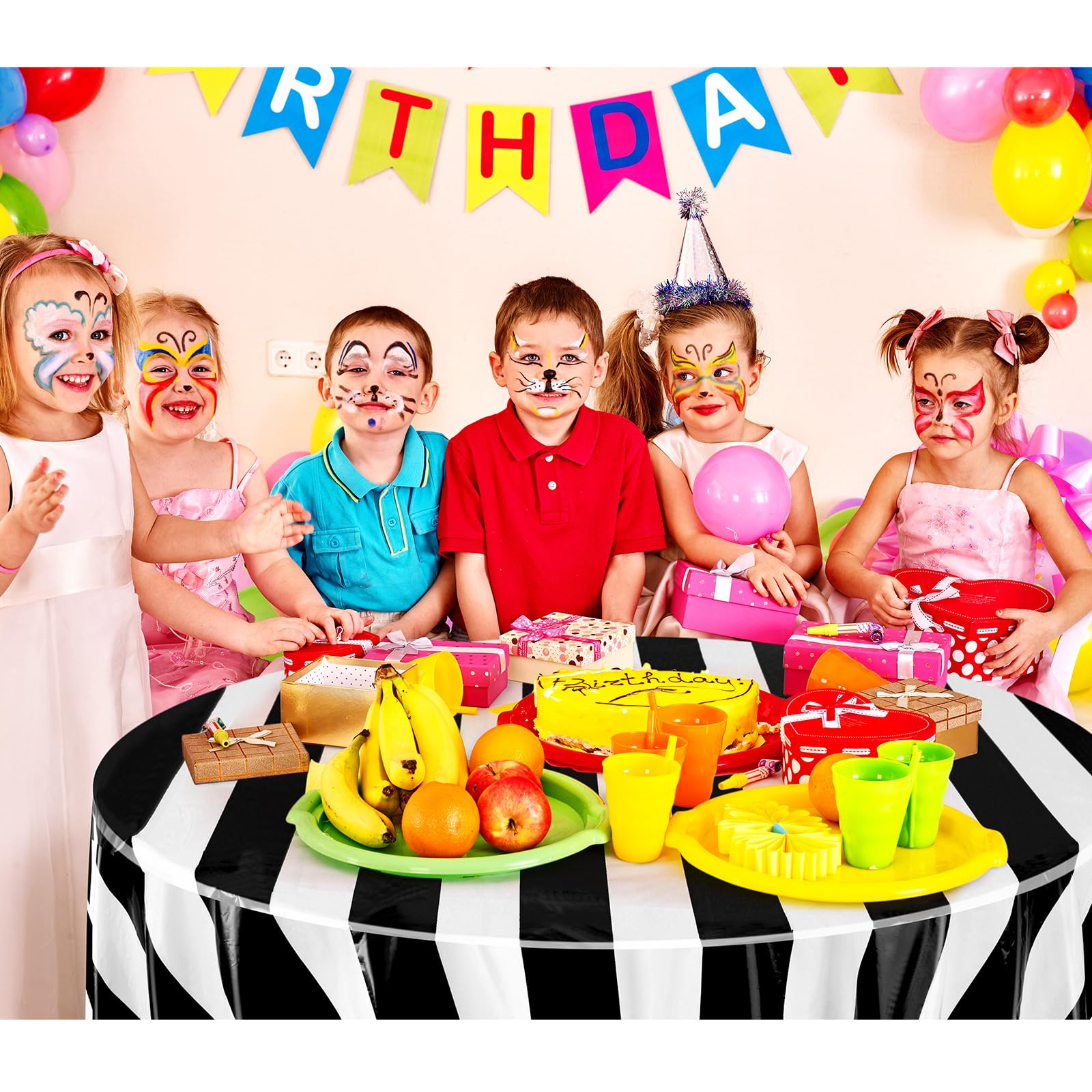 Tatuo 3-Pack Black & White Striped Circus Tablecloth (84-inch Round) – Disposable Plastic for Carnival Birthday Party Decor