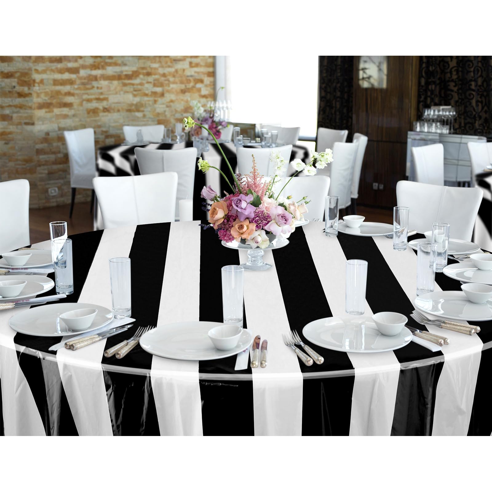 Tatuo 3-Pack Black & White Striped Circus Tablecloth (84-inch Round) – Disposable Plastic for Carnival Birthday Party Decor