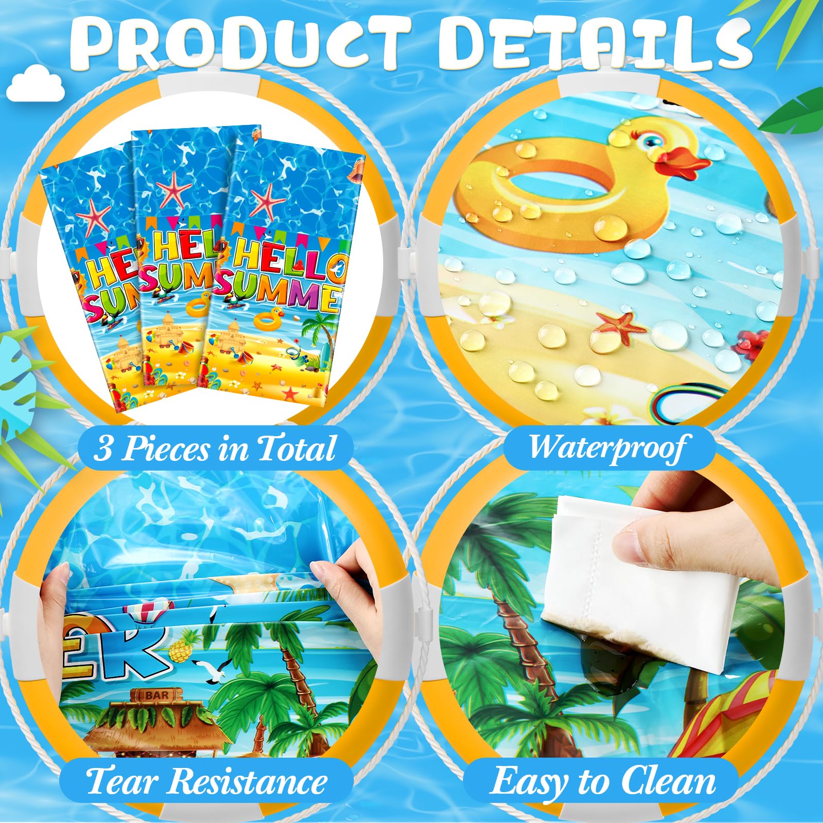 Tatuo 3-Pack Summer Beach Plastic Tablecloths - Tropical Hawaiian Luau Party Decor, 54x108 Inches, Disposable