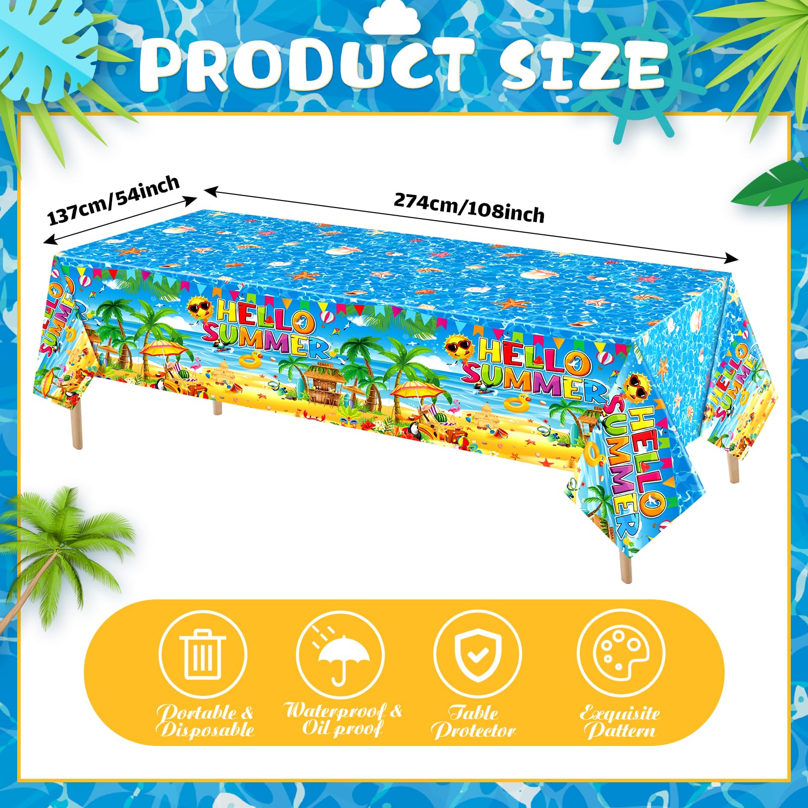 Tatuo 3-Pack Summer Beach Plastic Tablecloths - Tropical Hawaiian Luau Party Decor, 54x108 Inches, Disposable