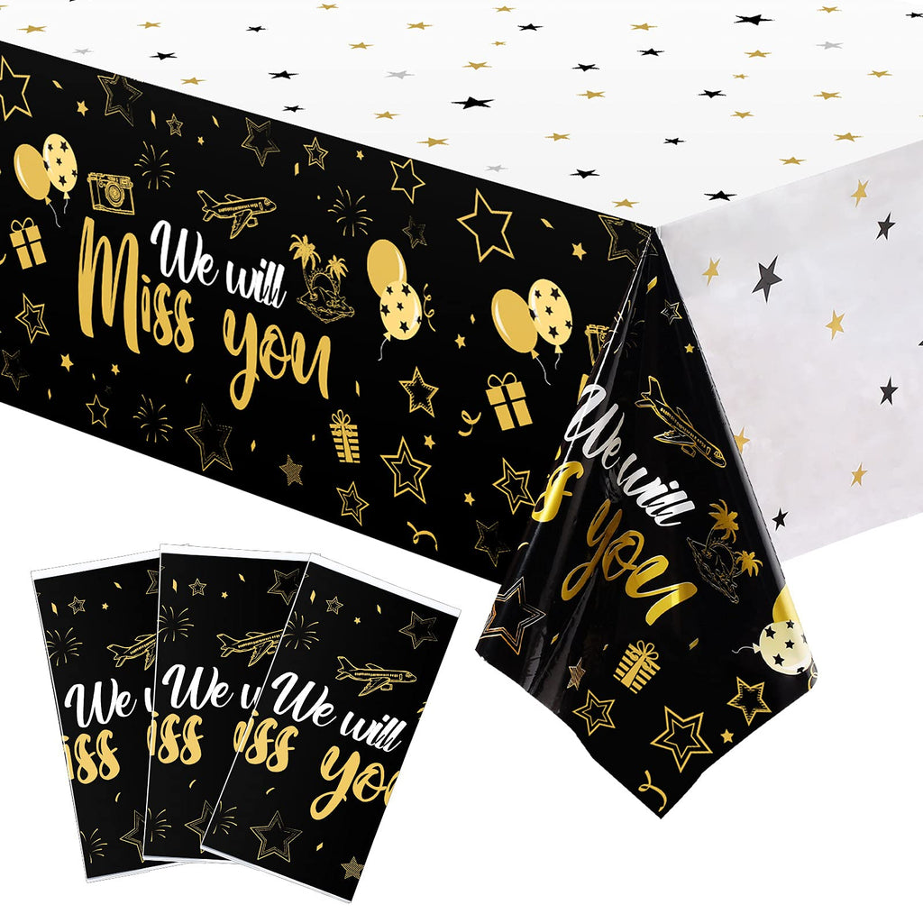 Tatuo 3 Pack We Will Miss You Tablecloth - Gold Going Away Party Decorations, Disposable PE Plastic Table Cover for Farewell, Retirement, Graduation