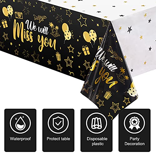 Tatuo 3 Pack We Will Miss You Tablecloth - Gold Going Away Party Decorations, Disposable PE Plastic Table Cover for Farewell, Retirement, Graduation
