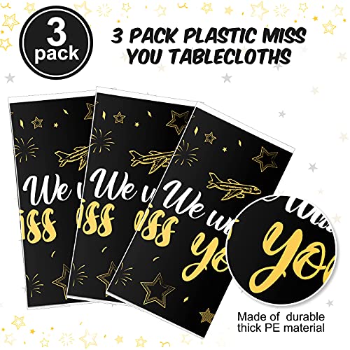 Tatuo 3 Pack We Will Miss You Tablecloth - Gold Going Away Party Decorations, Disposable PE Plastic Table Cover for Farewell, Retirement, Graduation