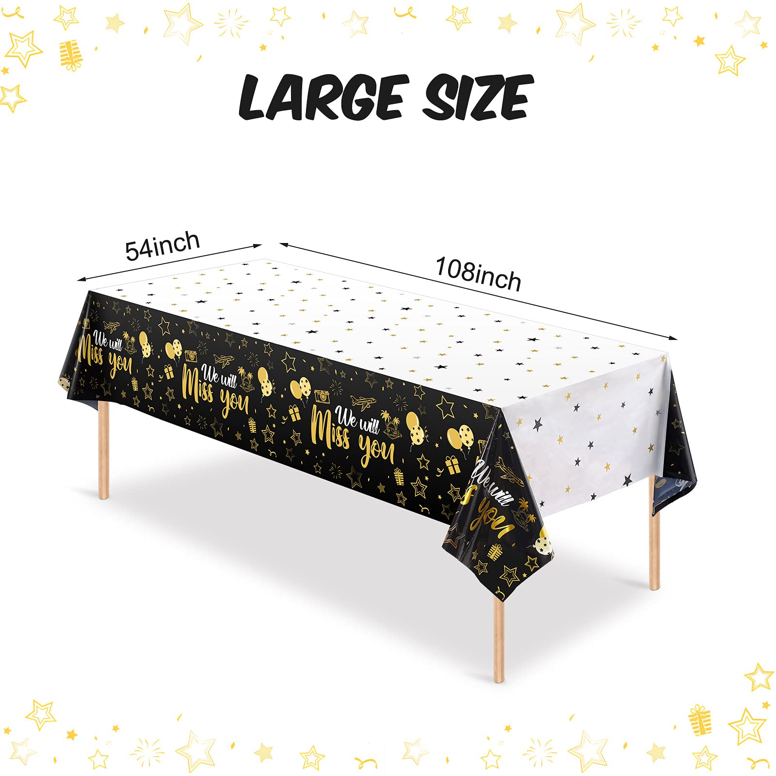 Tatuo 3 Pack We Will Miss You Tablecloth - Gold Going Away Party Decorations, Disposable PE Plastic Table Cover for Farewell, Retirement, Graduation
