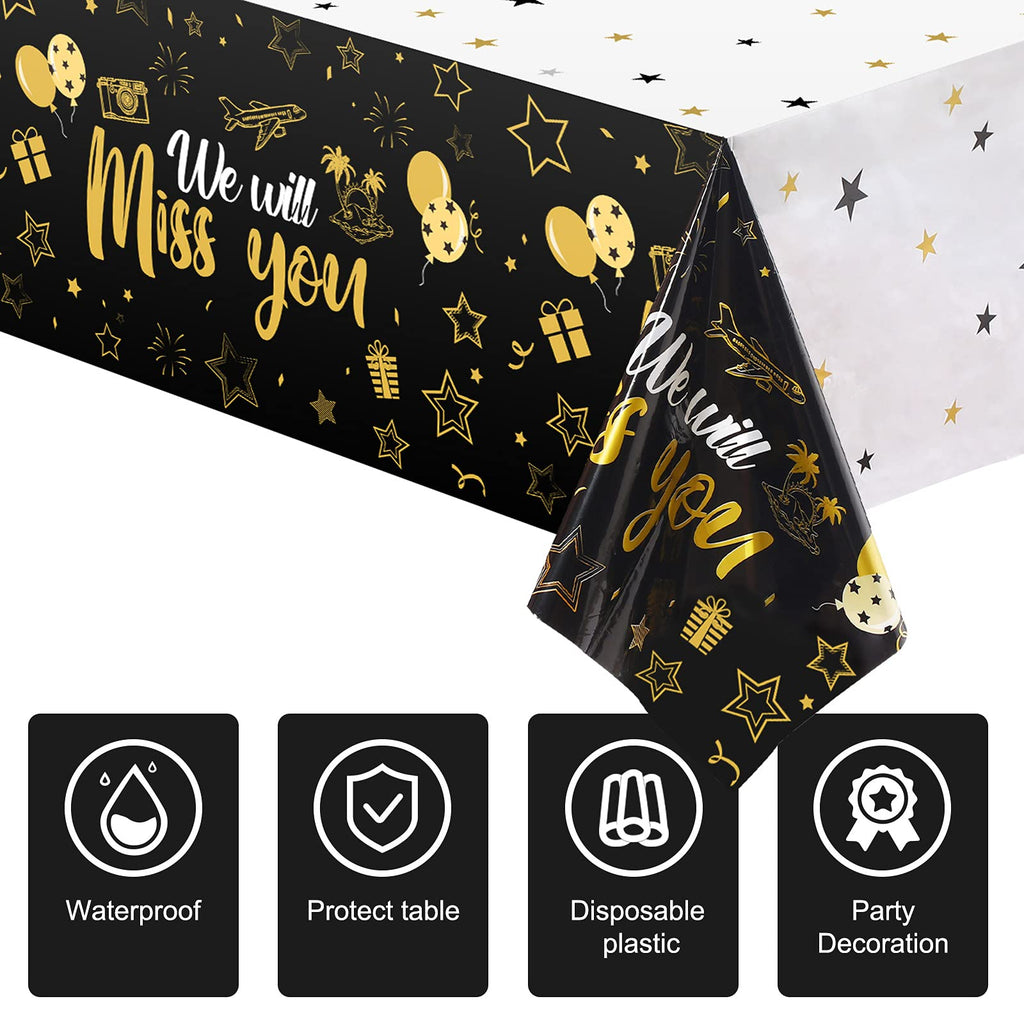 Tatuo 3 Pack We Will Miss You Tablecloth - Gold Going Away Party Decorations, Disposable PE Plastic Table Cover for Farewell, Retirement, Graduation