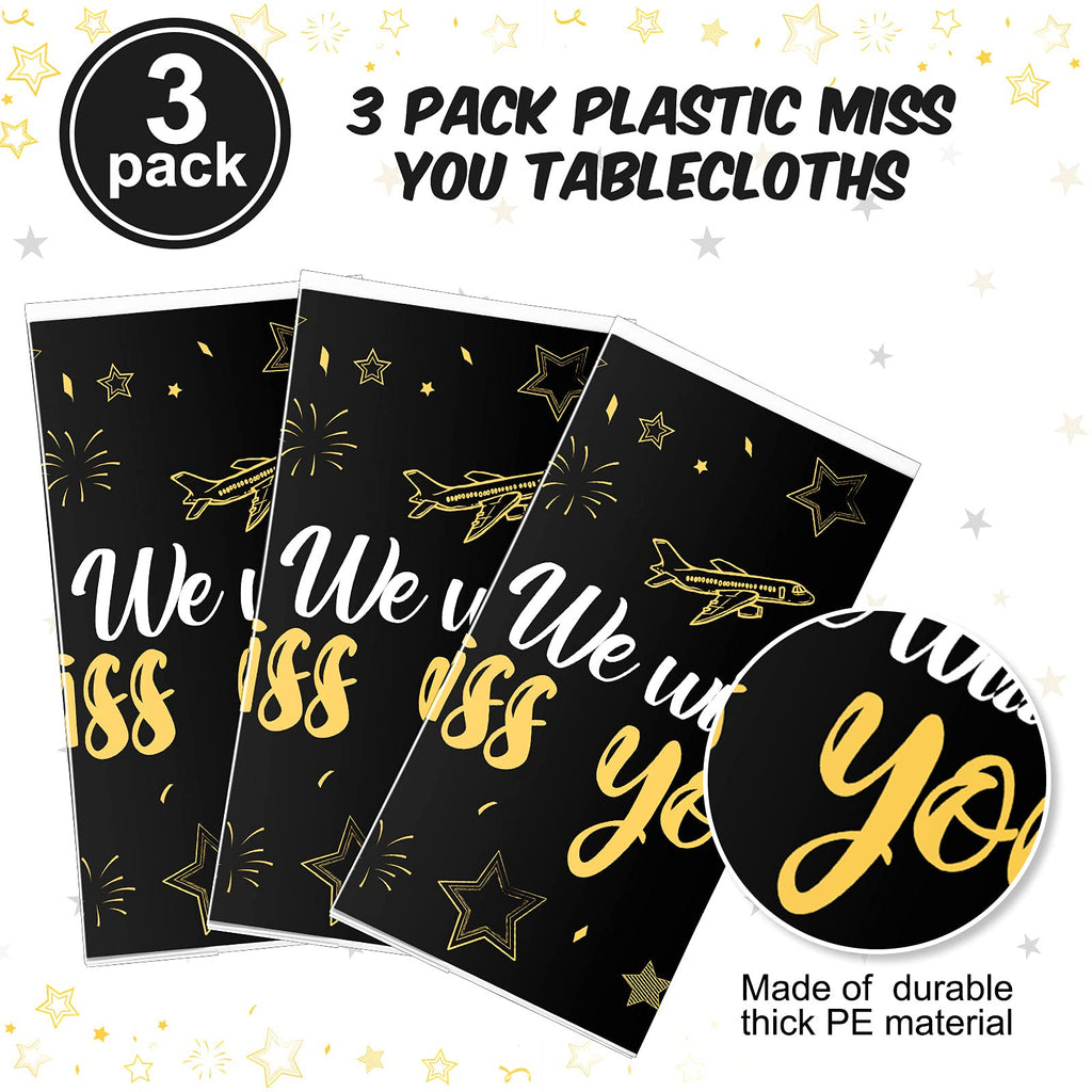 Tatuo 3 Pack We Will Miss You Tablecloth - Gold Going Away Party Decorations, Disposable PE Plastic Table Cover for Farewell, Retirement, Graduation