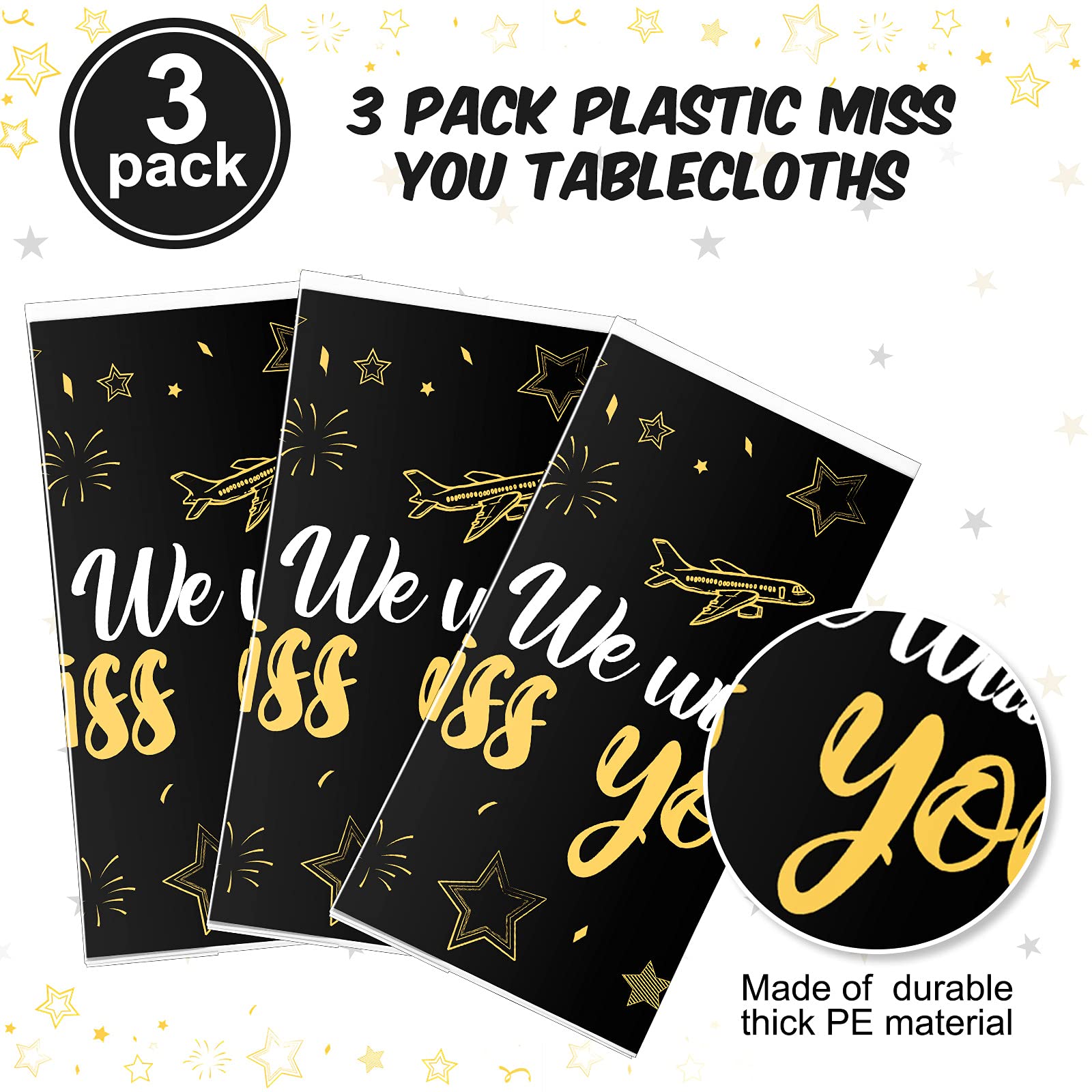 Tatuo 3 Pack We Will Miss You Tablecloth - Gold Going Away Party Decorations, Disposable PE Plastic Table Cover for Farewell, Retirement, Graduation