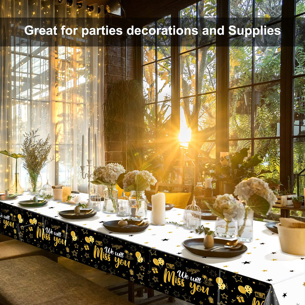Tatuo 3 Pack We Will Miss You Tablecloth - Gold Going Away Party Decorations, Disposable PE Plastic Table Cover for Farewell, Retirement, Graduation