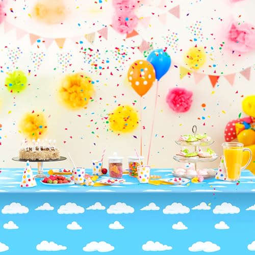 Tatuo 4-Pack Blue Sky White Clouds Cartoon Story Tablecloth for Birthday Parties, 54x108 Inch