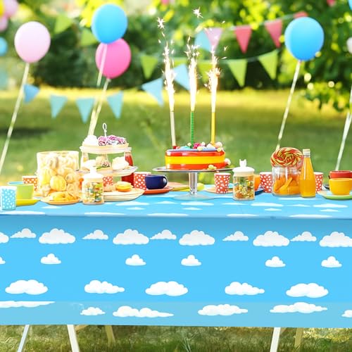Tatuo 4-Pack Blue Sky White Clouds Cartoon Story Tablecloth for Birthday Parties, 54x108 Inch