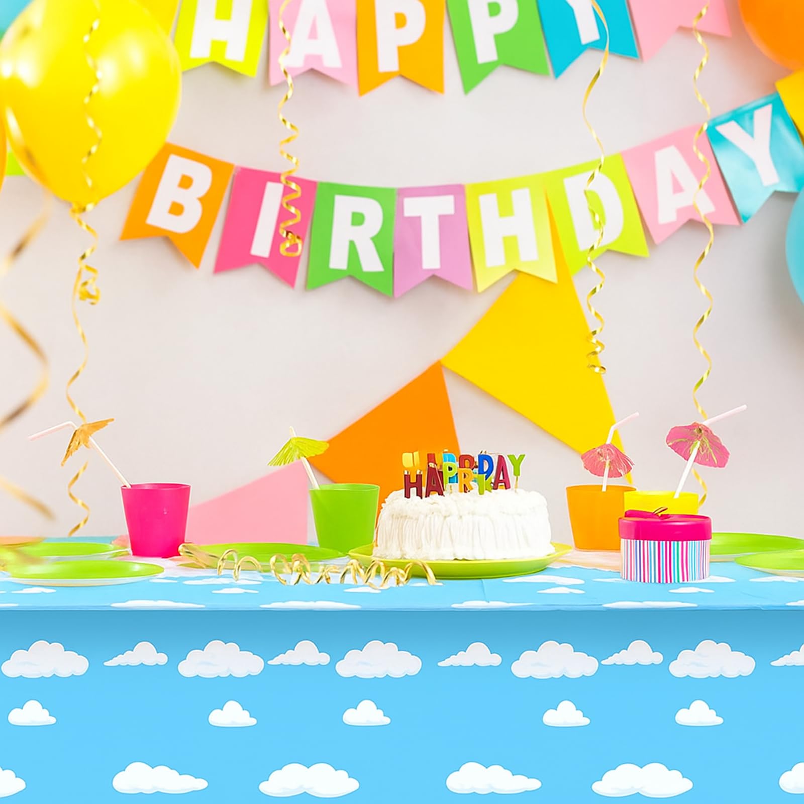 Tatuo 4-Pack Blue Sky White Clouds Cartoon Story Tablecloth for Birthday Parties, 54x108 Inch