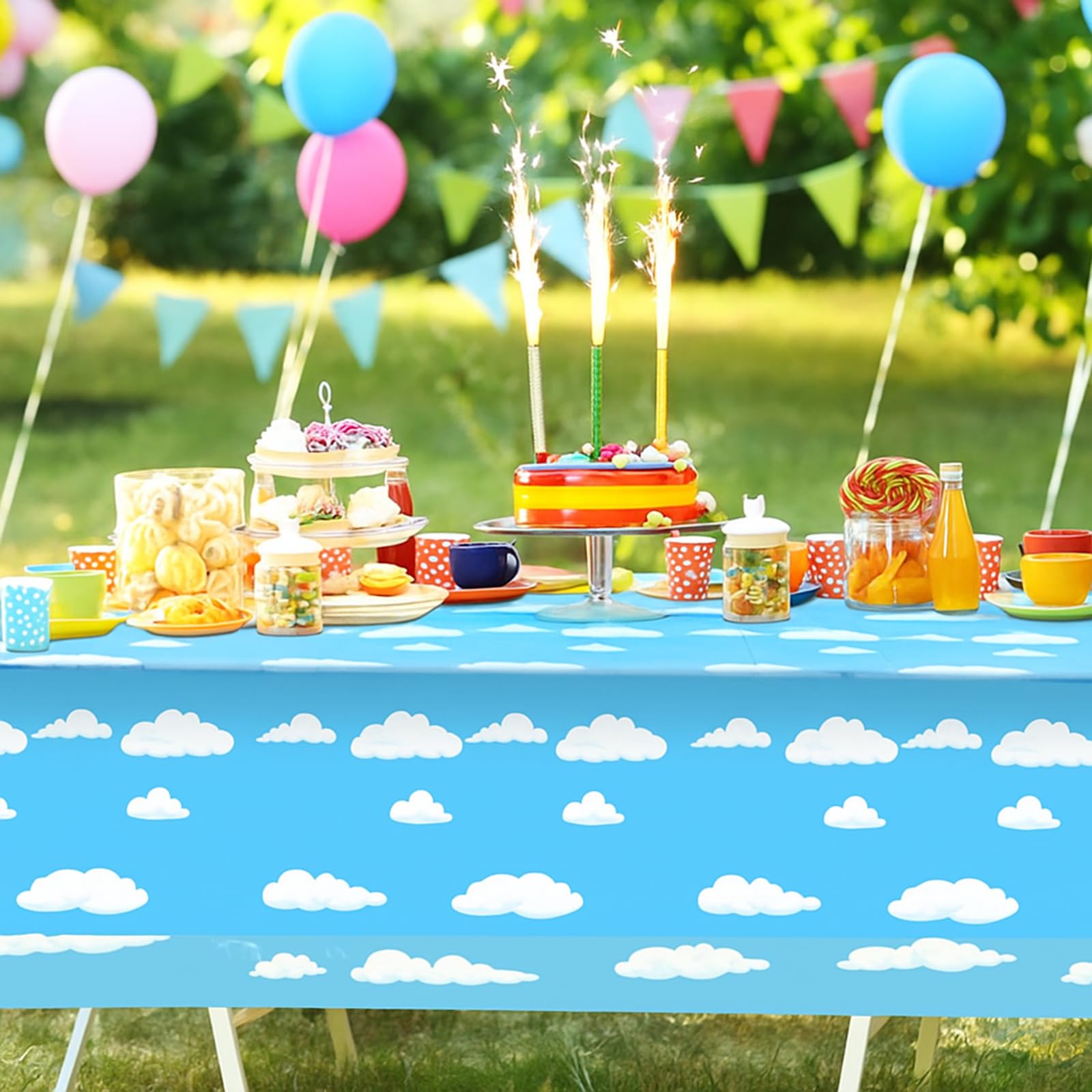 Tatuo 4-Pack Blue Sky White Clouds Cartoon Story Tablecloth for Birthday Parties, 54x108 Inch