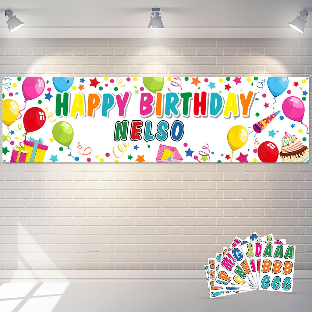 Tatuo Personalized Birthday Banner with DIY Alphabet Stickers - White Polyester Backdrop for Custom Name Party Decor (62.9 x 17.7 in)