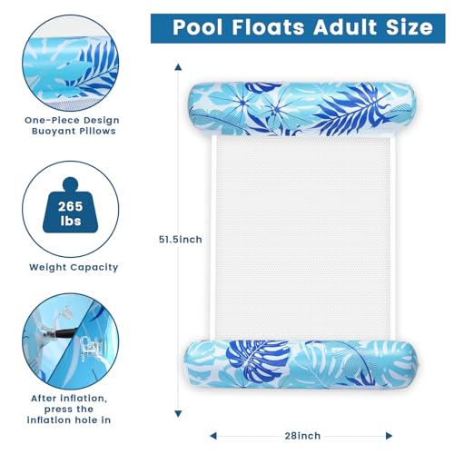 Tavaleu 2-Pack Inflatable Pool Floats for Adults – 4-in-1 Multipurpose Raft & Water Hammock (Blue & Green Leaves)