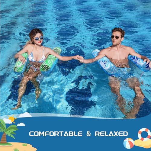 Tavaleu 2-Pack Inflatable Pool Floats for Adults – 4-in-1 Multipurpose Raft & Water Hammock (Blue & Green Leaves)