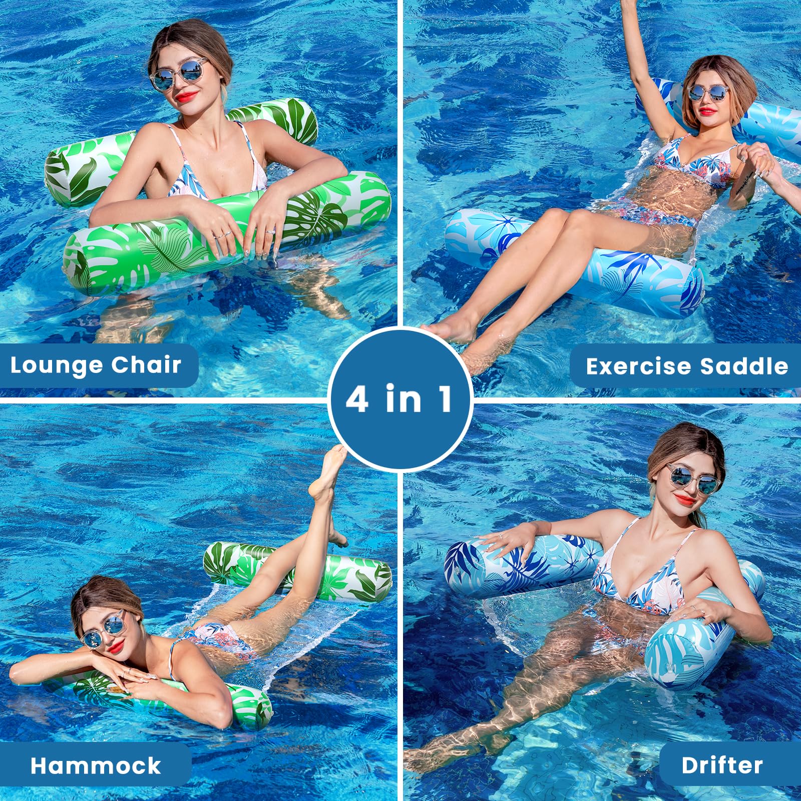 Tavaleu 2-Pack Inflatable Pool Floats for Adults – 4-in-1 Multipurpose Raft & Water Hammock (Blue & Green Leaves)