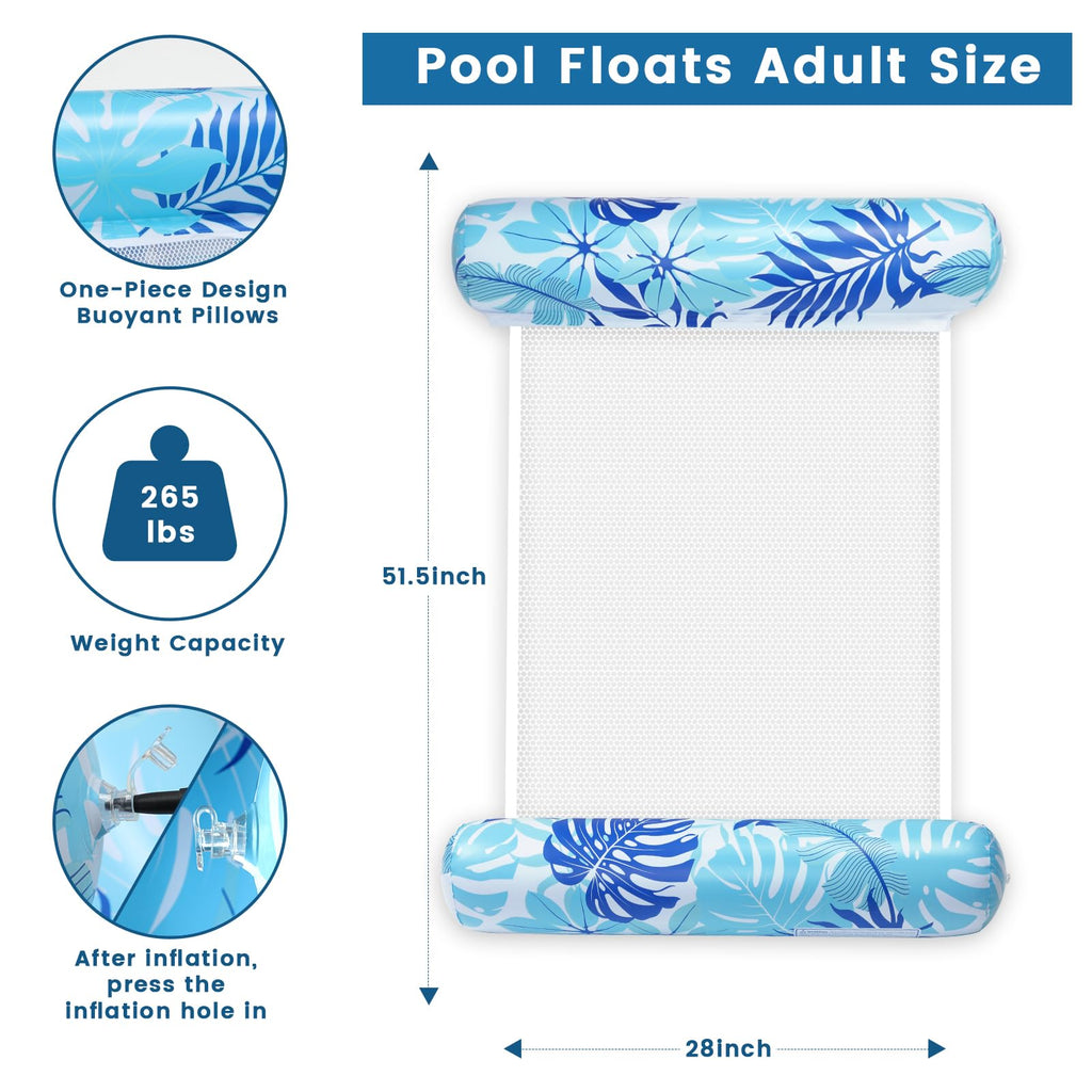 Tavaleu 2-Pack Inflatable Pool Floats for Adults – 4-in-1 Multipurpose Raft & Water Hammock (Blue & Green Leaves)