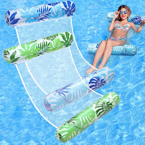 Tavaleu 2-Pack Inflatable Pool Floats for Adults – 4-in-1 Multipurpose Raft & Water Hammock (Blue & Green Leaves)