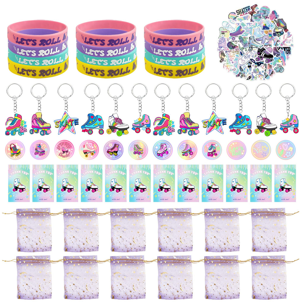 Tazimi 110-Piece Roller Skate Party Favor Set with Stickers, Keychains, Pins, Bracelets & Cards for Hip Hop Disco 80s 90s Themed Parties