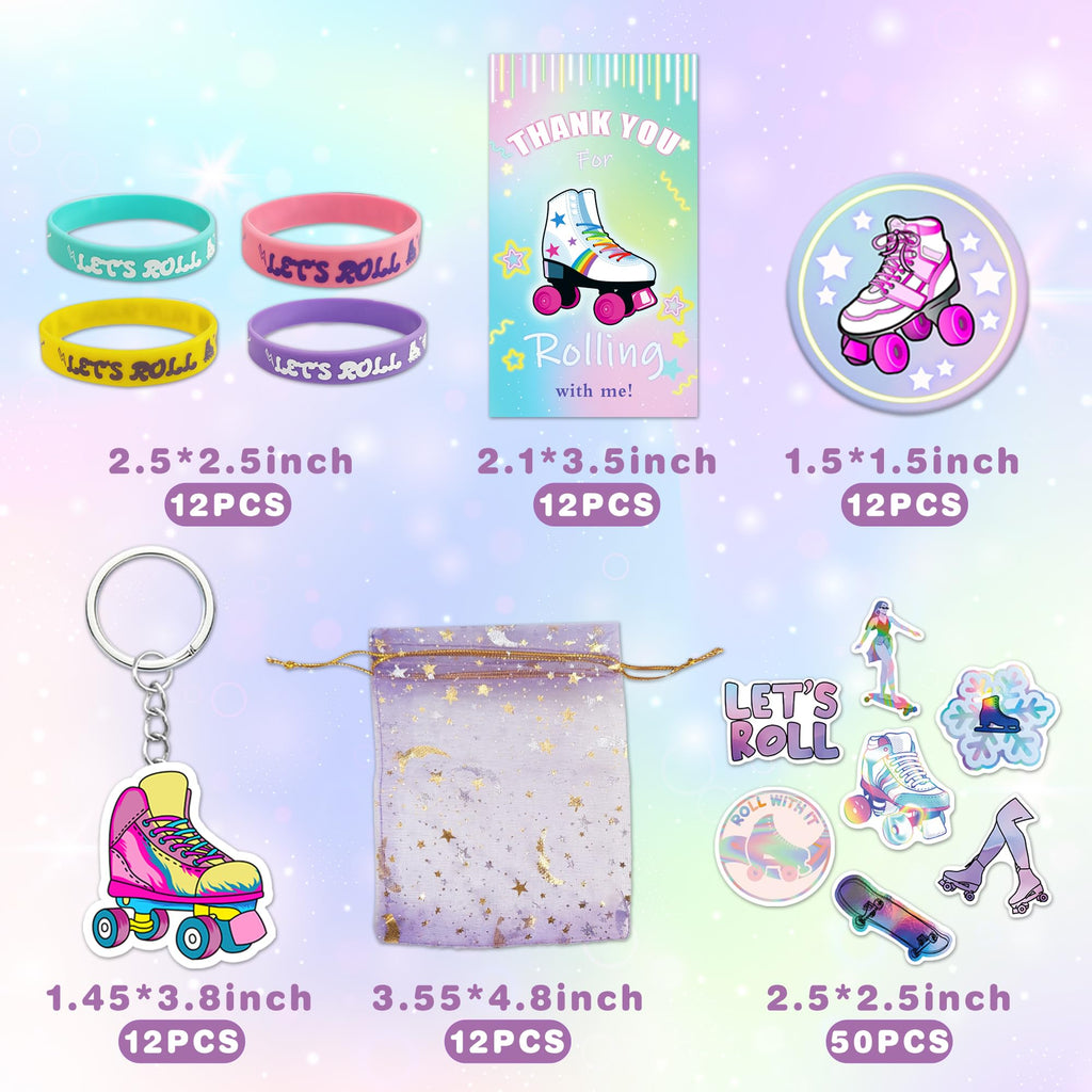 Tazimi 110-Piece Roller Skate Party Favor Set with Stickers, Keychains, Pins, Bracelets & Cards for Hip Hop Disco 80s 90s Themed Parties