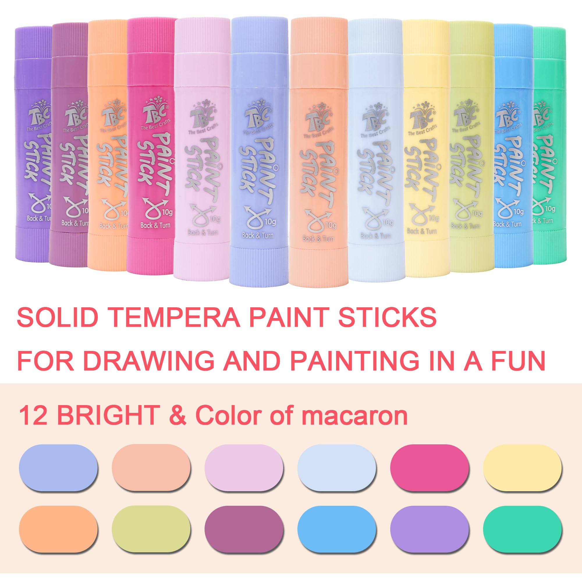 TBC The Best Crafts Paint Sticks, 12 Pastel Colors, Washable Non-Toxic Tempera Paint Sticks for Kids