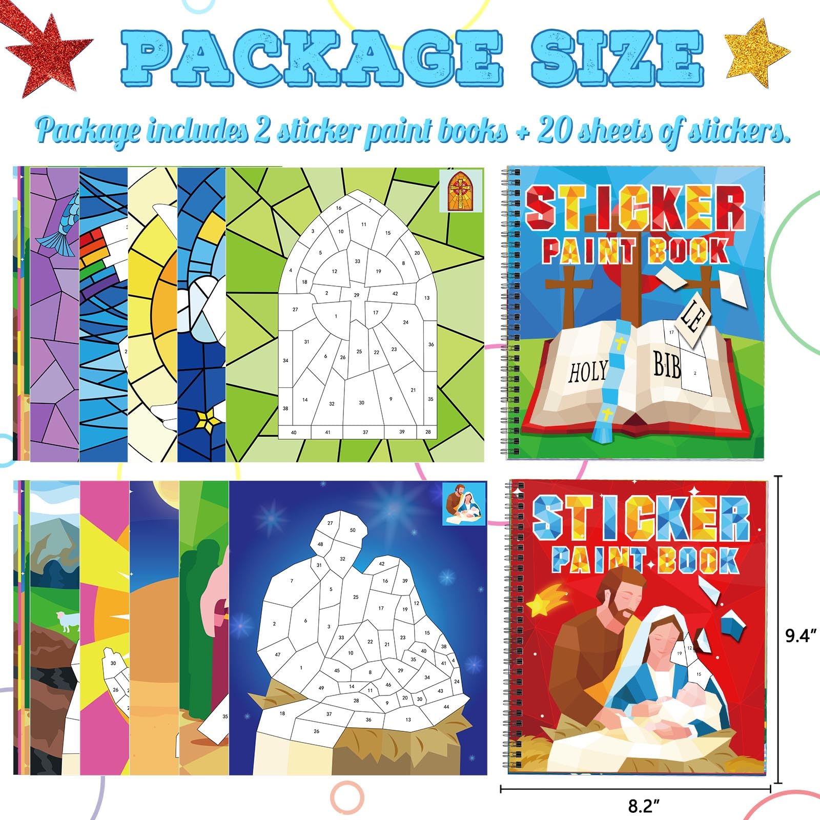 TBEEJ 2-Pack Bible Sticker Paint Books for Kids – 20 Christian Designs, Sticker by Number Activity for Ages 3+