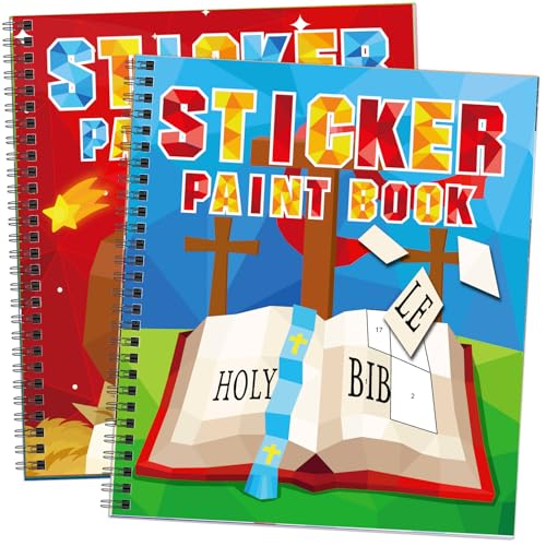 TBEEJ 2-Pack Bible Sticker Paint Books for Kids – 20 Christian Designs, Sticker by Number Activity for Ages 3+