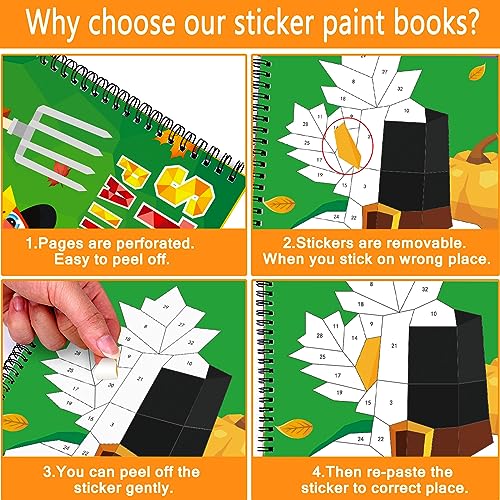 TBEEJ 2-Pack Thanksgiving Sticker Paint Books for Kids Ages 3-8 | 20 Picture Sheets + Separate Sticker Pages