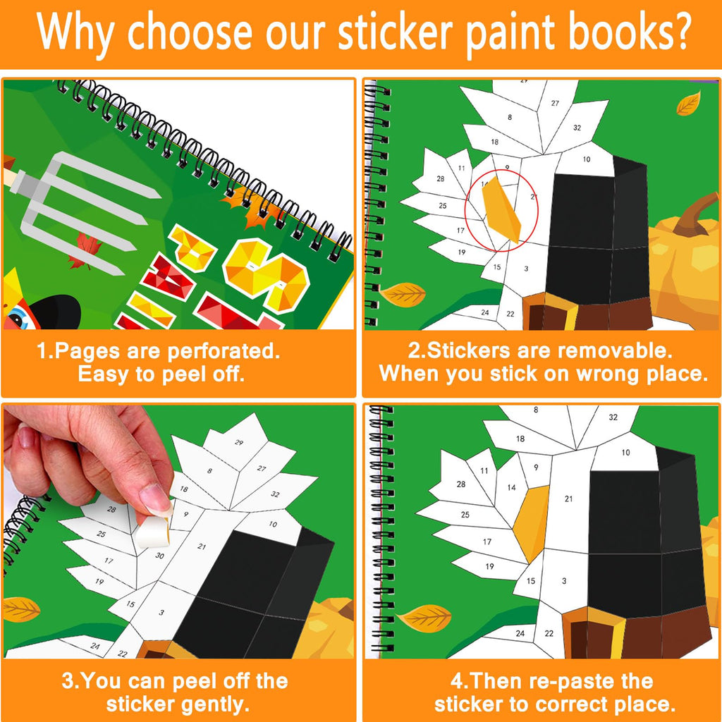 TBEEJ 2-Pack Thanksgiving Sticker Paint Books for Kids Ages 3-8 | 20 Picture Sheets + Separate Sticker Pages