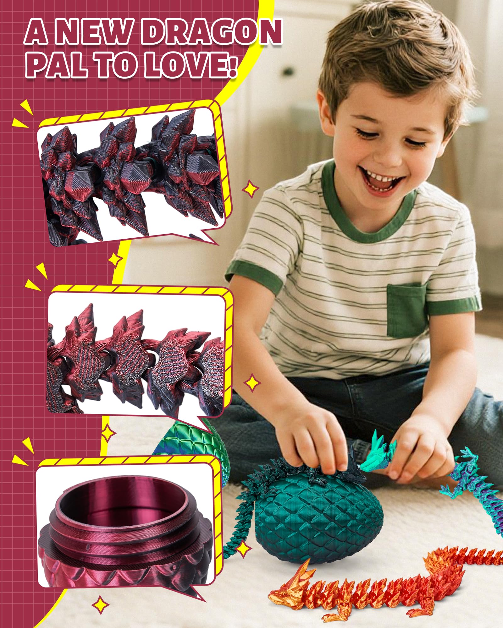 TBOLINE 12" 3D Printed Dragon Egg with Articulated Crystal Dragon Toy – Surprise Egg for Kids